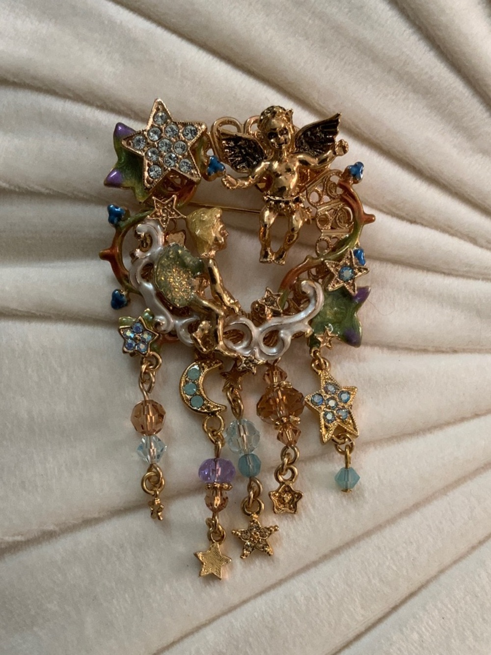 Kirks Folly Gold-Tone Angel & Star Wreath Brooch with Multicolor Enamel